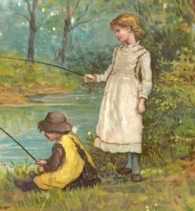 1870s-80s Victorian Christmas Card Girls Fishing Creek Fab! #W