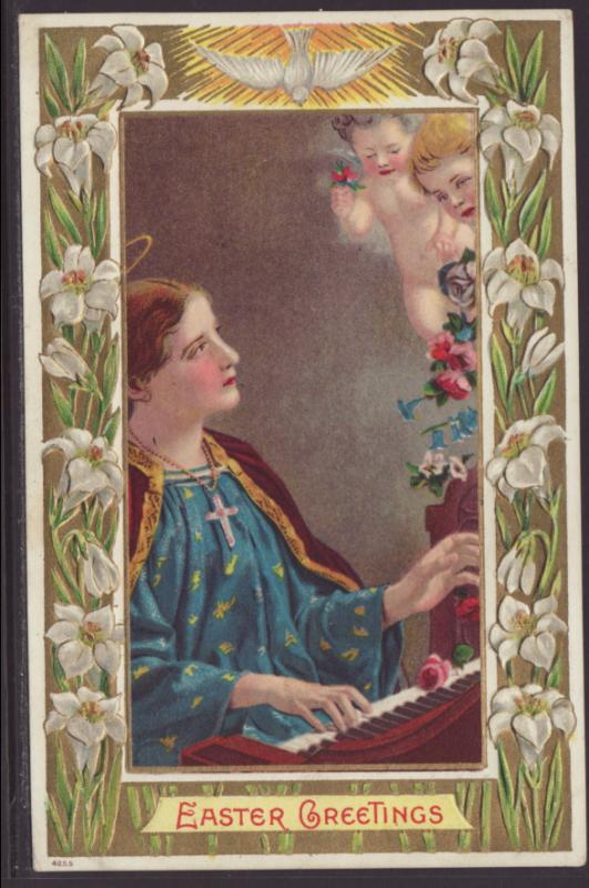 Easter Greetings,Woman Playing Piano Postcard