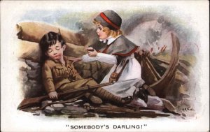 WWI A/s AA Nash Little Girl Nurse Tends Little Boy Soldier Antique Postcard