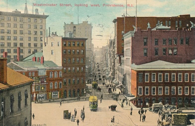 Trollies on Westminster Street looking West Providence RI Rhode Island pm 1910