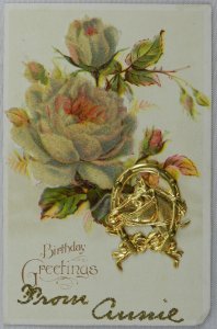 Gold Horse Pin Birthday Greetings Green Blooming Flowers - Vintage Postcard