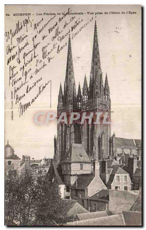 Old Postcard Quimper Fleches the Cathedral View from the hotel to the sword