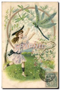 Old Postcard Fantasy Flowers Child Dragonfly Insect
