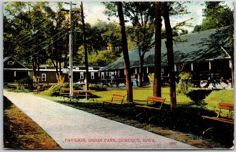 1907 Pavilion Union Park Dubuque Iowa IA Park Benches Pathway Posted Postcard