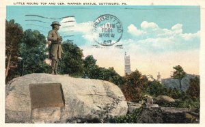 Vintage Postcard 1931 Little Round Top And Gen. Warren Statue Gettysburg PA