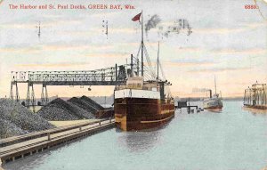 Steamer St Paul Docks Green Bay Harbor Wisconsin 1908 postcard