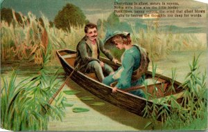 Vtg Victorian Postcard Romance Embossed Poem Rowboat Boat Blue Dress UNP