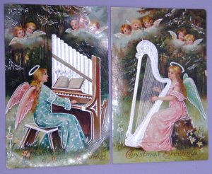 Lot of 2 Fantasy Angels Children Gilt Antique Vintage Christmas Postcard Unused