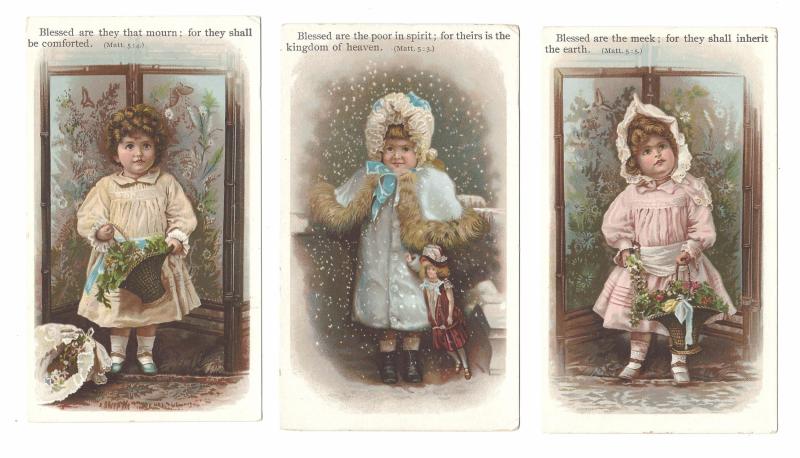 Victorian Christian Bible Chromo Litho Cards 3X Beatitudes Children Pretty Girls
