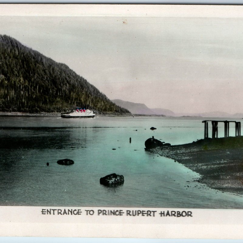 c1910s Prince Rupert, BC Harbor RPPC Hand Colored Steamship Rare Photo Ruin A327