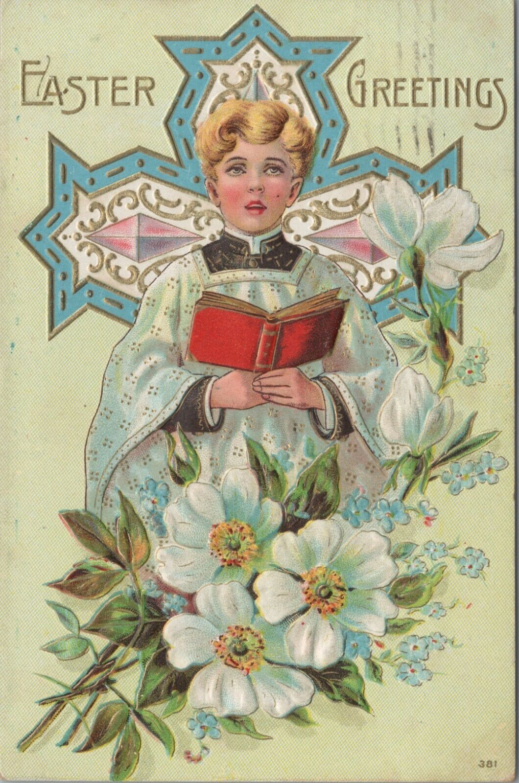 1910 Easter Greetings choir boy song book cross gold embossed postcard