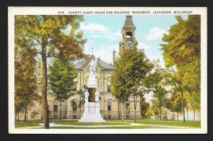 County Court House & Soldiers Monument Jefferson Wisconsin Unused c1920s