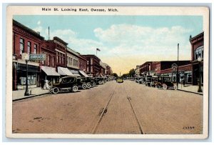 c1920s Main Street Looking East Drugstore Owosso Michigan MI Unposted Postcard