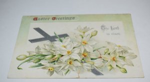 Easter Greetings The Lord Is Risen Silver Cross White Flowers Embossed Postcard