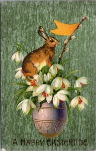 Happy Easter Eastertide - RABBIT - VASE FLOWERS Antique Postcard