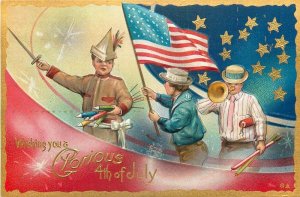 Patriotic, Wishing you a glorious 4th of July, Boys with Fireworks,Flag,Embossed