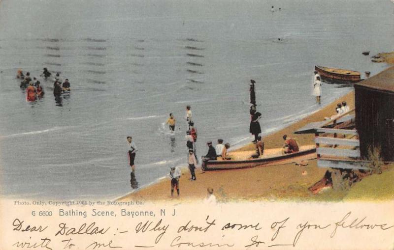 Bayonne New Jersey bathing scene boat on beach antique pc Z44626