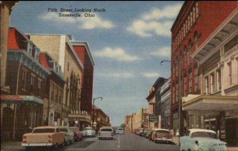 Zanesville OH Fifth St. Cars Colorful Linen Postcard rpx