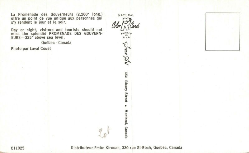 Canada Promenade des Gouverneurs Quebec Chrome Postcard 08.60