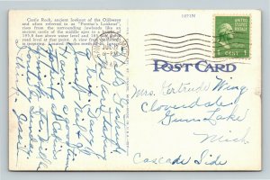 St Ignace MI-Michigan, Castle Rock, Linen c1940 Postcard