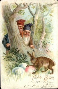 Easter Fantasy Gnomes Elves Watch Rabbit & Eggs c1905 Postcard