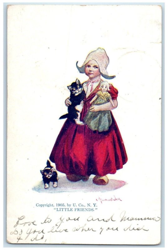 1908 Dutch Girl And Doll Black Cat Port Henry New York NY Wall Antique Postcard