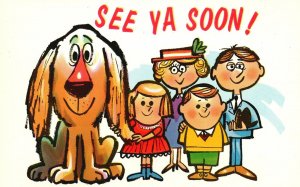 Vintage Postcard See Ya Soon Puppy And Children Remembrance Card
