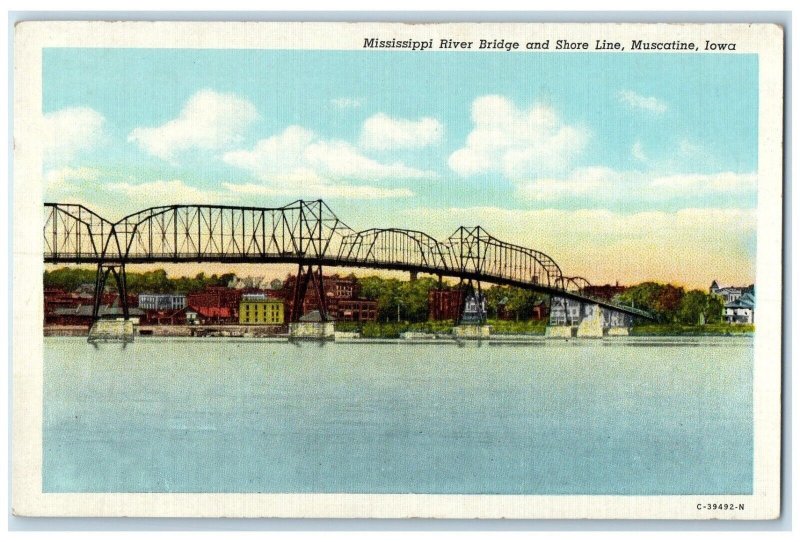 c1940 Overlooking Mississippi River Bridge Shore Line Muscatine Iowa IA Postcard