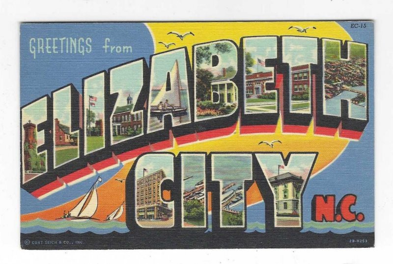 1940's Greetings from Elizabeth City, North Carolina Large Letter Linen Postcard