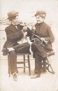 RPPC Cross-Dressing Women Musicians Smoking Cigar 1910s Antique Photo