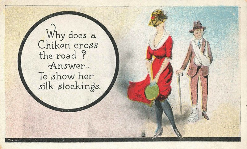 Why does a Chiken Cross The Road? Answer? To Show Her stockings Postcard