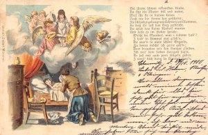 B249 Religious 1900 Dead Girl in Heaven Angels Sad Mother Poem litho postcard