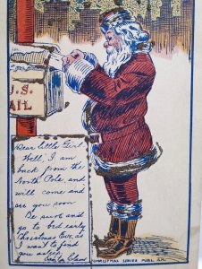 Santa Claus Christmas Postcard Mails Letter In US Mailbox Mica Glitter AH Publ