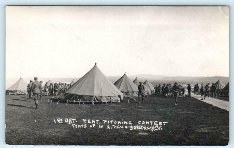 RPPC  WWI Era Military 1ST Battalion TENT PITCHING CONTEST c1910s  Postcard