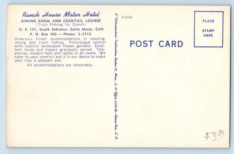 Santa Maria California CA Postcard Ranch House Motor Hotel Scene c1940's Vintage