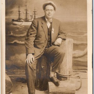 c1910s Man Nautical Theme Portrait RPPC Steamship Sailboat Pier Dock Photo A174