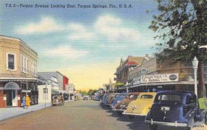 Tarpon Avenue Cars Rexall Drug Store Tarpon Springs Florida linen postcard