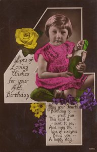 Toy Doll with Gnome Type Green Elf Hat 4th Birthday RPC Postcard