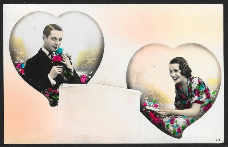 Valentine Man & Lady In Separate Hearts & Flowers RPPC Used c1915