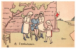 A l'ambulance , Nurses aiding ill Woman