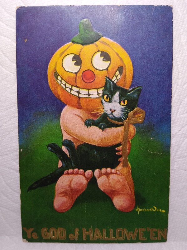 Halloween Postcard Fantasy Goblin Pumpkin Holds Black Cat Bernhard Wall Ullman 