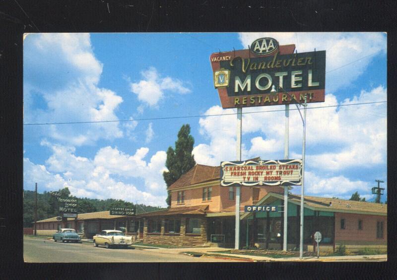 FLAGSTAFF ARIZONA ROUTE 66 VANDEVIER MOTEL 1950's CARS ADVERTISING POSTCARD