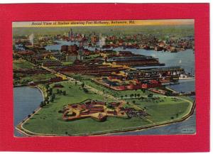 Aerial View Harbor Fort McHenry Baltimore MD Linen Postcard