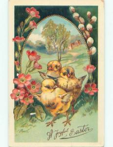 Pre-Linen easter PASTURE SCENE ON LARGE EGG WITH CHICKS k2288