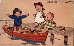 Fishing Comic Little Boy in Boat Exaggerating Giant Fish c1910 Vintage Postcard