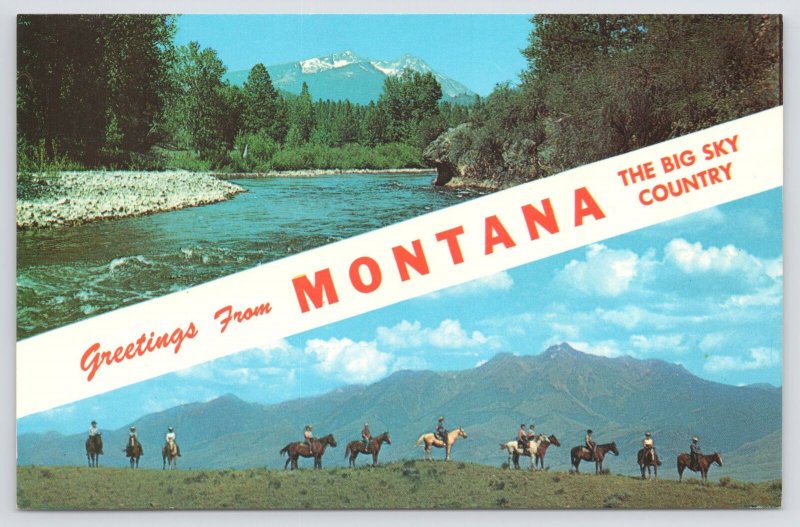 Montana~Kootanai River~Cowboys on Horseback~1950s Postcard 