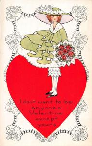 F4/ Valentine's Day Love Holiday Postcard c1910 Heart Large Hat Woman 23