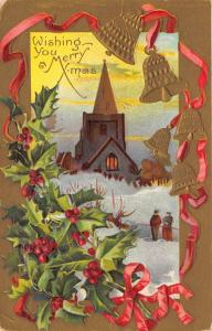 Merry Xmas Christmas 1910 Embossed Postcard Gold Bells Holly Church Snow