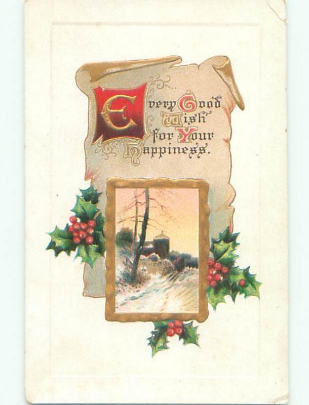 Unused Pre-Linen WINTER SCENE WITH HOLLY AND PARCHMENT ON POSTCARD J2788