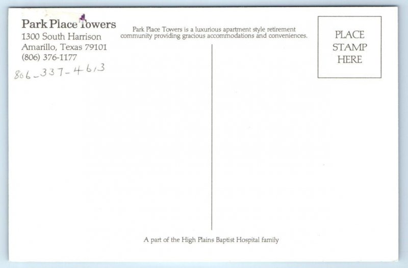 AMARILLO, Texas TX ~ Advertising PARK PLACE TOWERS Apartments 4x6 Postcard